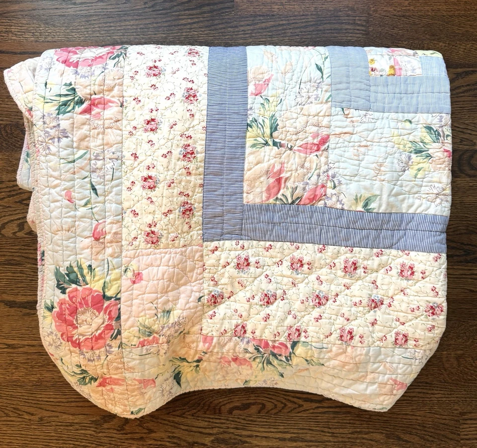 Edredón Vintage King Patchwork Floral Cottagecore Shabby Chic Azul Rosa Amarillo Foto 2 de 4