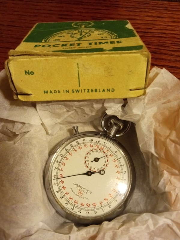 Chesterfield Anti Magnetic 1/10 Swiss Made Mechanical Wind Up Stopwatch & Box