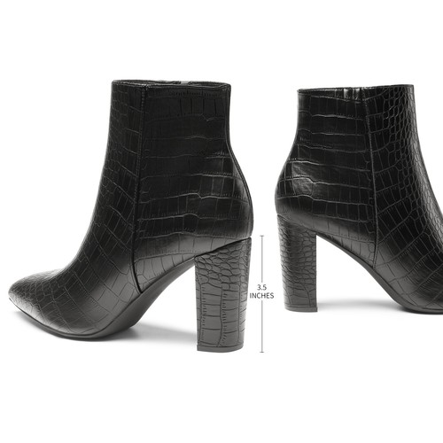 Women Chunky Heel Ankle Boots Faux Fur Lined Pointed Toe Side Zipper Booties - Picture 17 of 47
