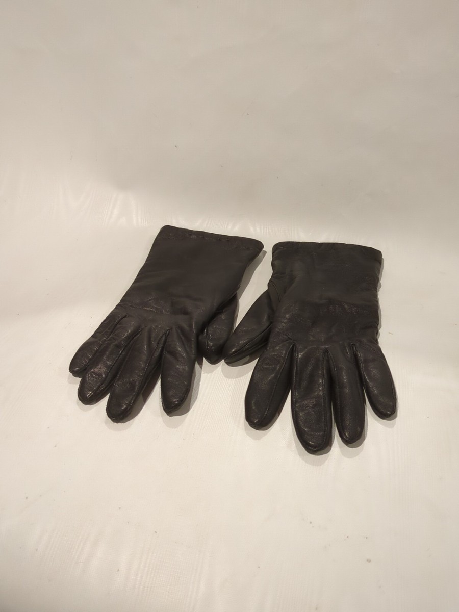 Vintage 1990s Womens Black Leather 100% Cashmere Driving Gloves
