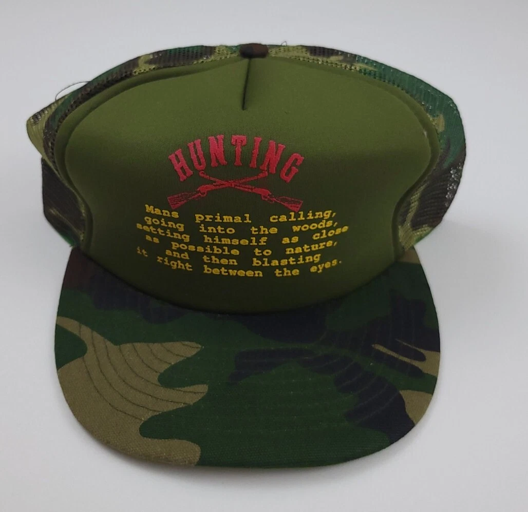 Vintage 80s 90s Hunting Funny Print Camouflage Mesh Trucker Hat Vtg Outdoor Camo