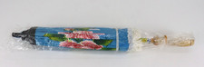 Vtg Parasol Wood Handle Cherry Blossom Blue w/Fringe Handmade Thailand 18" NEW