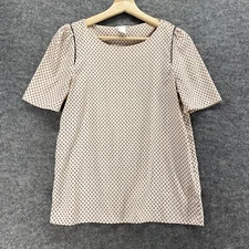 H&M Blouse Women 4 Beige Floral Short Sleeve Round Neck Pullover Casual Comfort