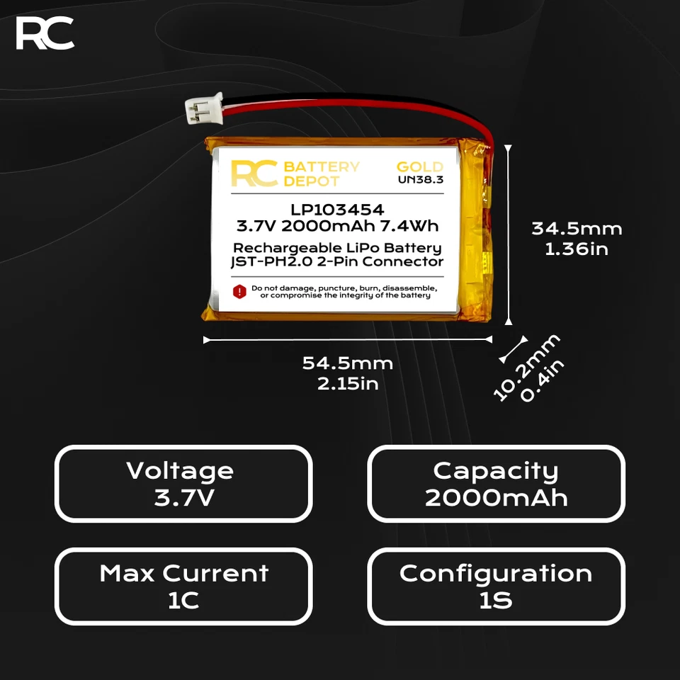 (2 件装) 锂聚合物 3.7V 2000mAh 103450 PH2 Lipo PH 2 可再充电电池 — 第 2/4 张图片