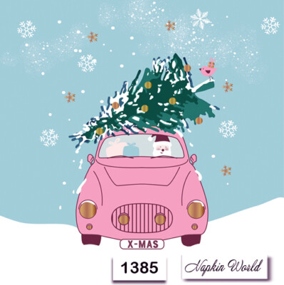 (1385) TWO Individual Paper Luncheon Decoupage Napkin - CHRISTMAS CAR TREE SANTA