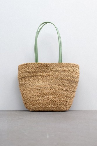ZARA small JUTE basket TOTE BAG green pu leather handles pocket green NEW - Picture 7 of 19