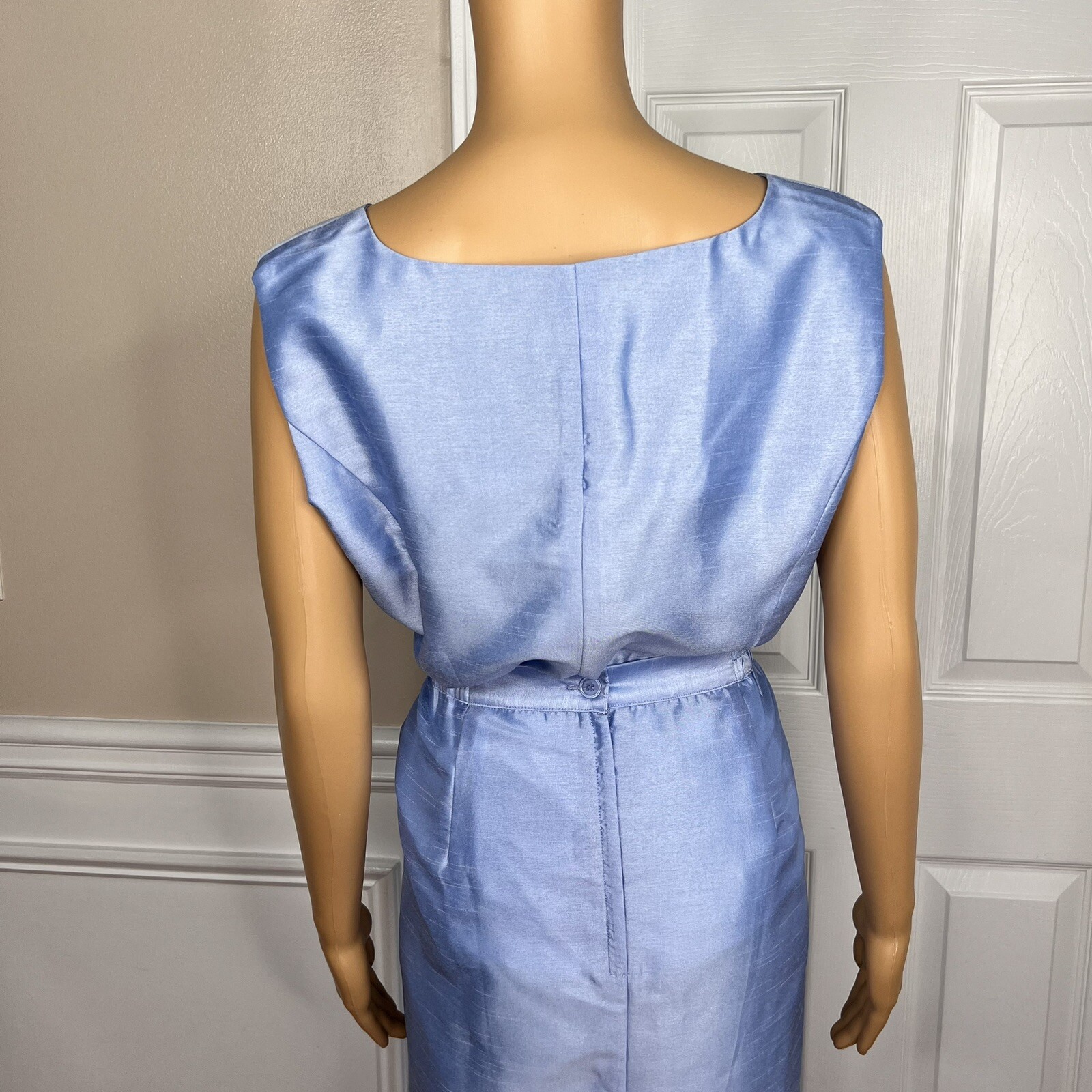 TALLY TAYLOR 3PC Slate Blue Polyester Collarless Cocktail Skirt Suit Top Size 14