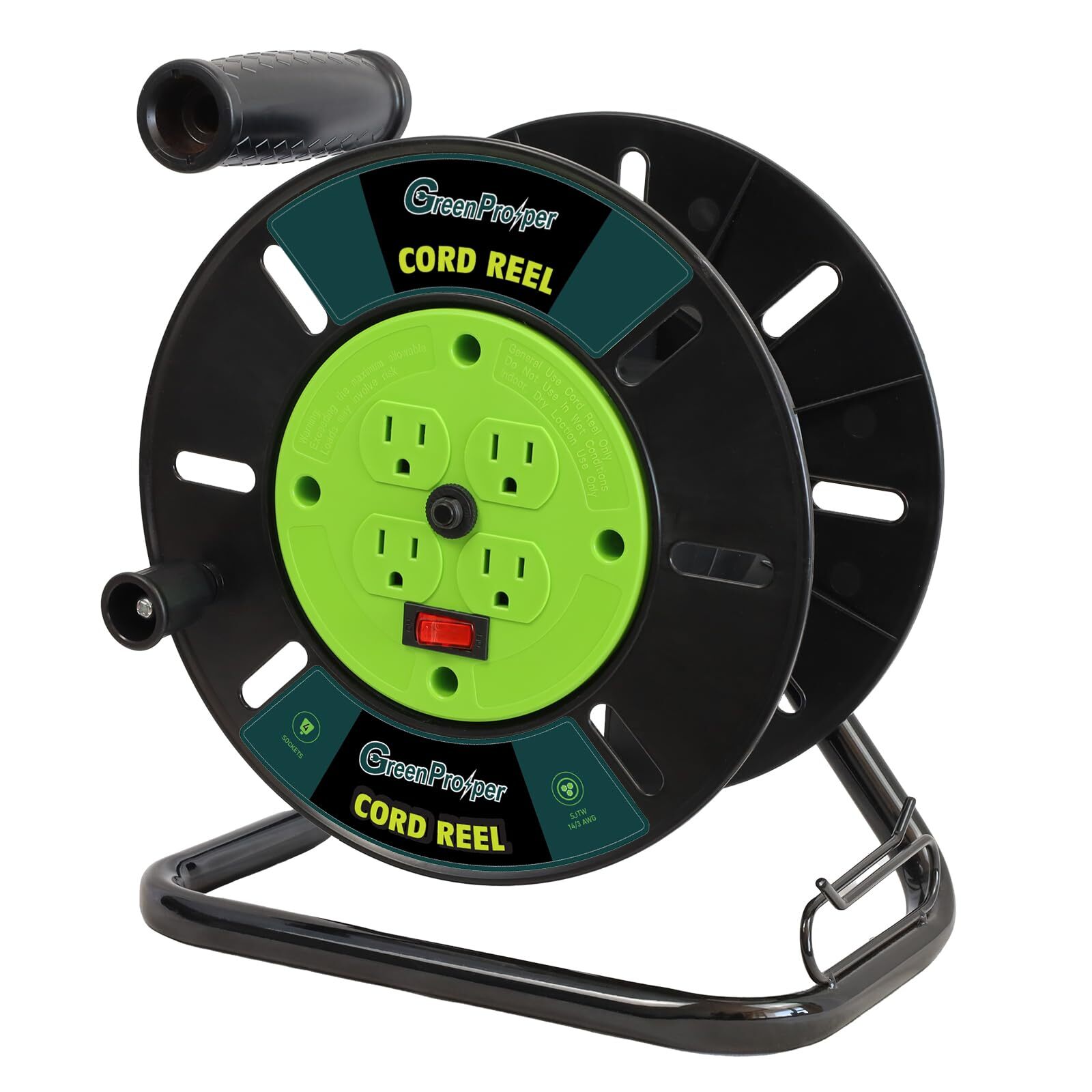 Extension Cord Storage Reel with 4-Grounded Outlets, Green Heavy Duty Open Co...-image