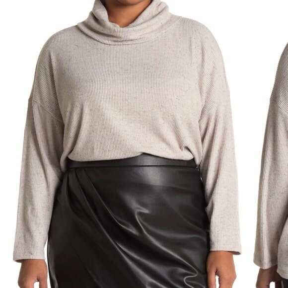 Joan Vass Women's Plus Size 2X Cowl Neck Ribbed Knit Sweater Rainy Day Grey