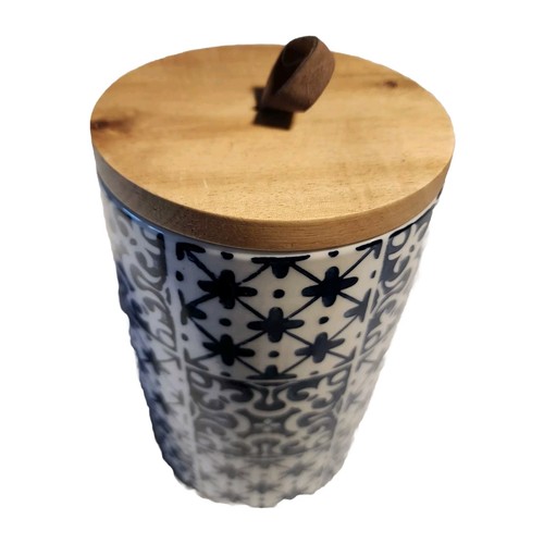 Bote de cerámica American Atelier azul y blanco con tapa de bambú bucle de cuero - Imagen 11 de 12