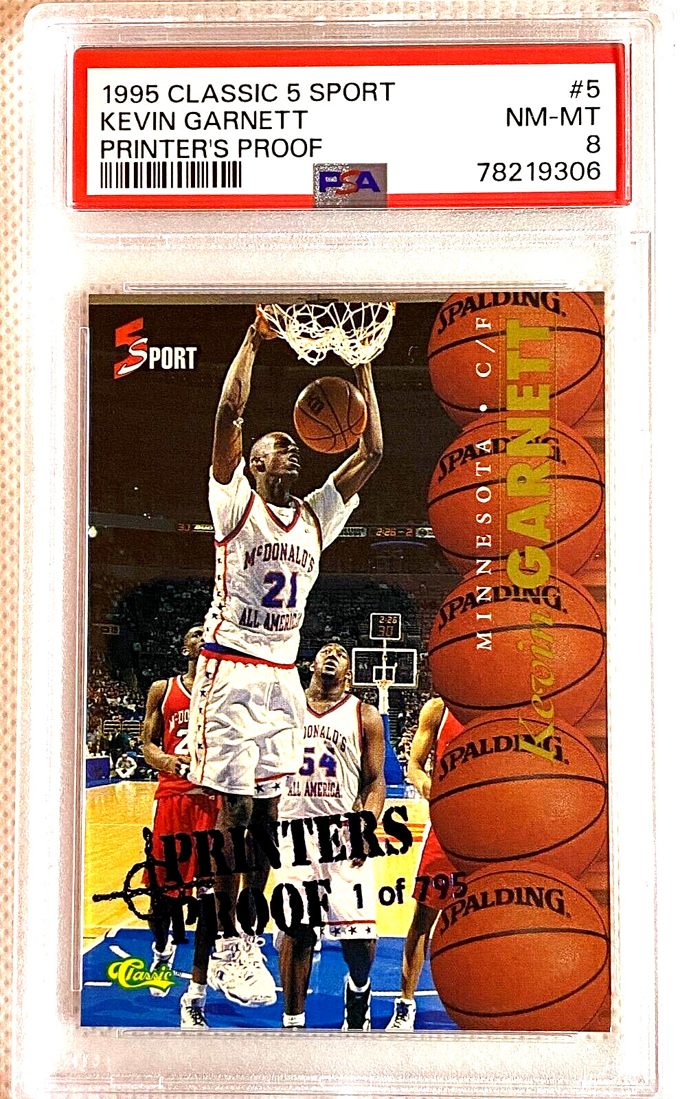 1995 Classic 5 SPORT PROOF Rookie SP /795 #5 Kevin Garnett PSA 8 NM/MT G5537
