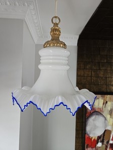 Art Deco Chandelier Opaline Milk & Blue Glass Ruffle Pendant Light Fixture