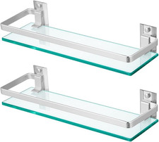 2-Pack Tempered Glass Bathroom Shelf with Rail, 15" X 4.5" Rectangular Shower Ca