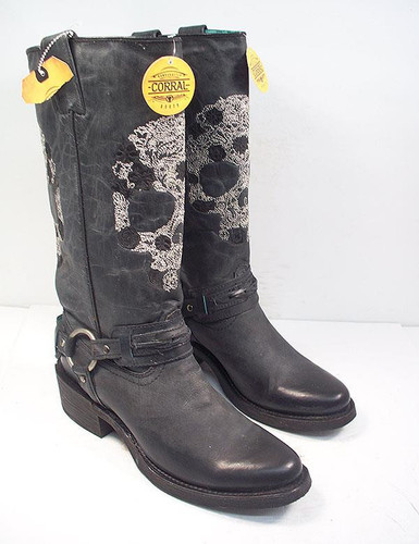 CORRAL WOMEN'S 8.5 M BLACK EMBROIDERED SKULL & HARNESS WESTERN BOOTS ROUND TOE