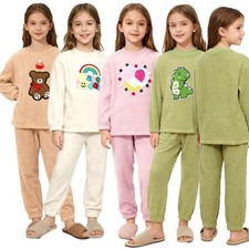 Kids Fuzzy Sleepwear Set Round Neck Long Sleeve Top with Elastic Waist Pants