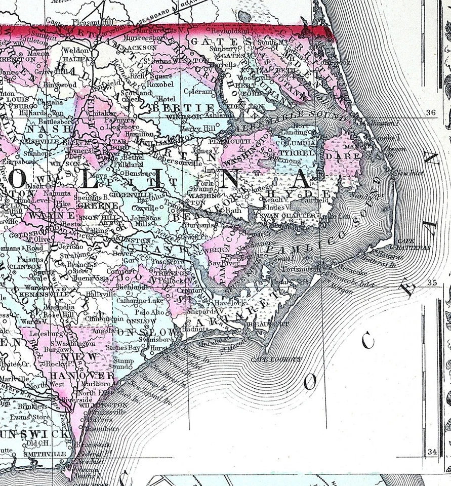 1874 Mitchell Map North & South Carolina Charleston Harbor Cape Hattaras Raleigh - Image 3 of 4