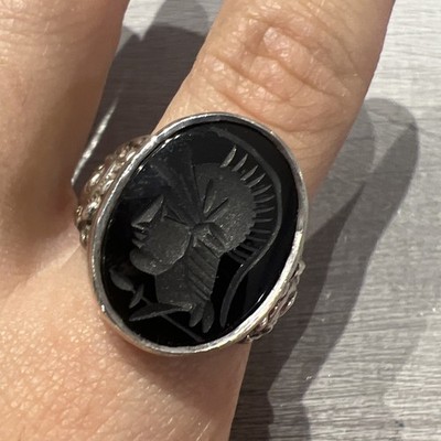 925 Sterlingsilber schwarzer Onyx Intaglio römischer Soldat Zenturio ovaler Ring Größe T