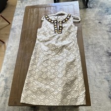 Tory Burch Sheath Dress 8 Gray/White Geometric Jacquard Beaded Lined Knee
