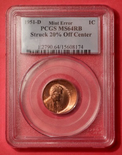 1951 D Lincoln Wheat Cent Mint Error - PCGS MS 64 RB - Off Center
