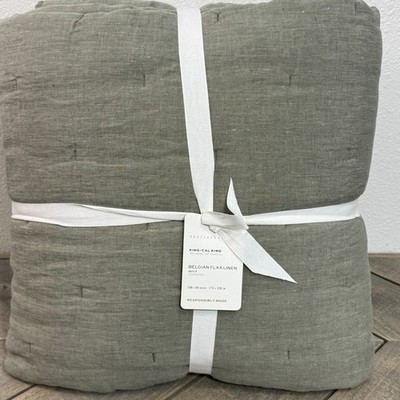 POTTERY BARN BELGIAN FLAX LINEN TUFTED KING QUILT & SHAM SET ~ LODEN GREEN
