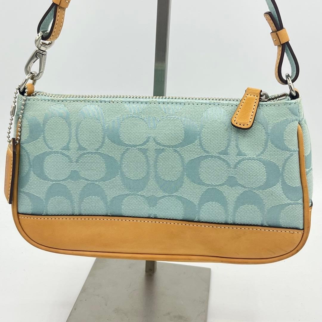 Coach Signature Demi mini Pouch Hand Bag Canvas Leather Light blue