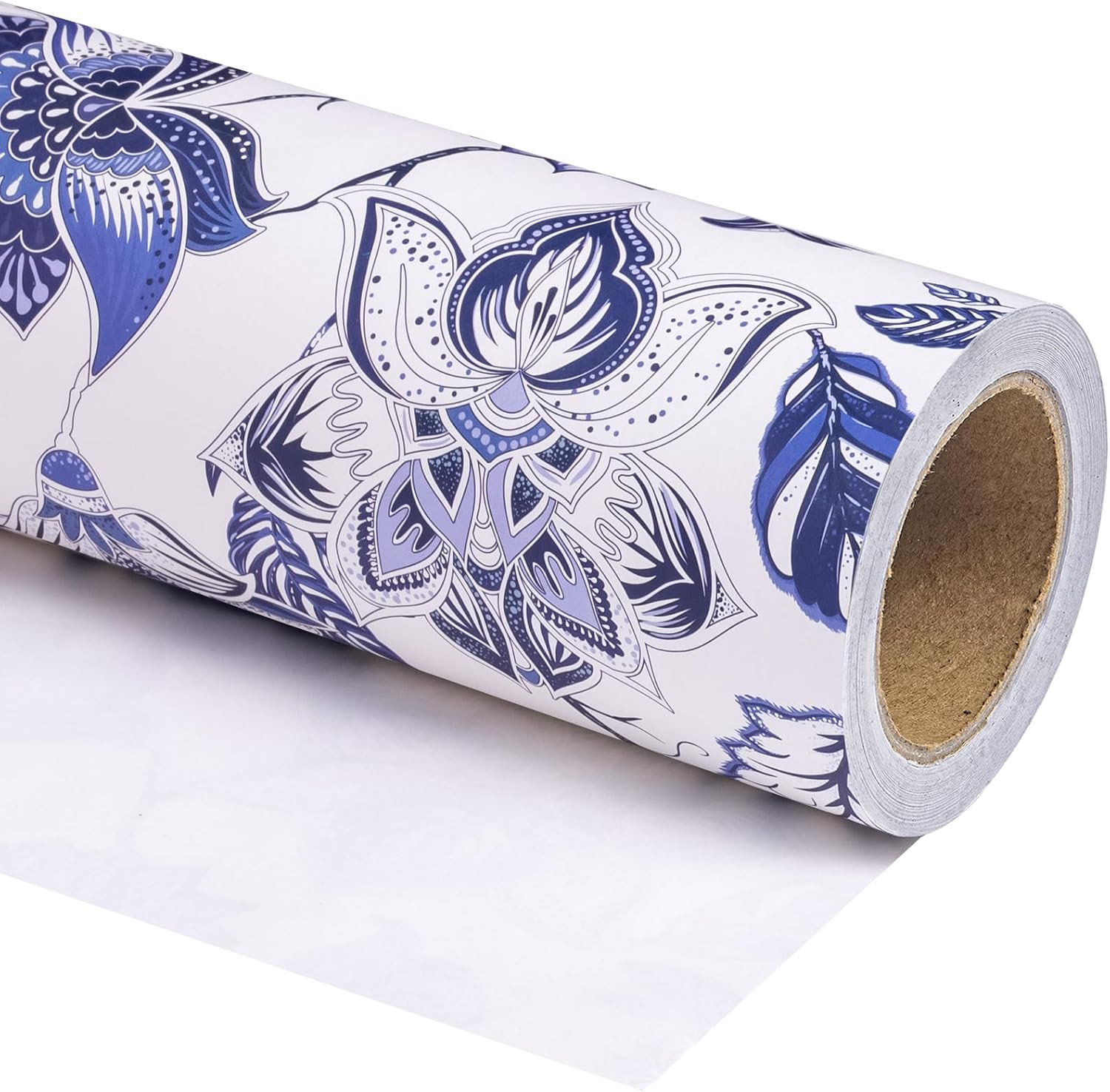 Kraft Blue White Floral Wrapping Paper Roll - Mini Roll - 17 Inch x 33 Feet - Vi