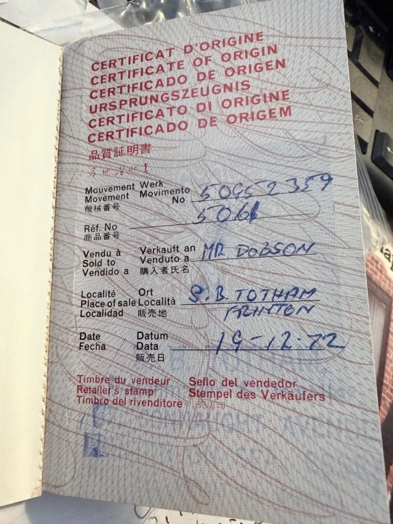 Folleto original de garantía internacional y certificado de origen LONGINES c1972