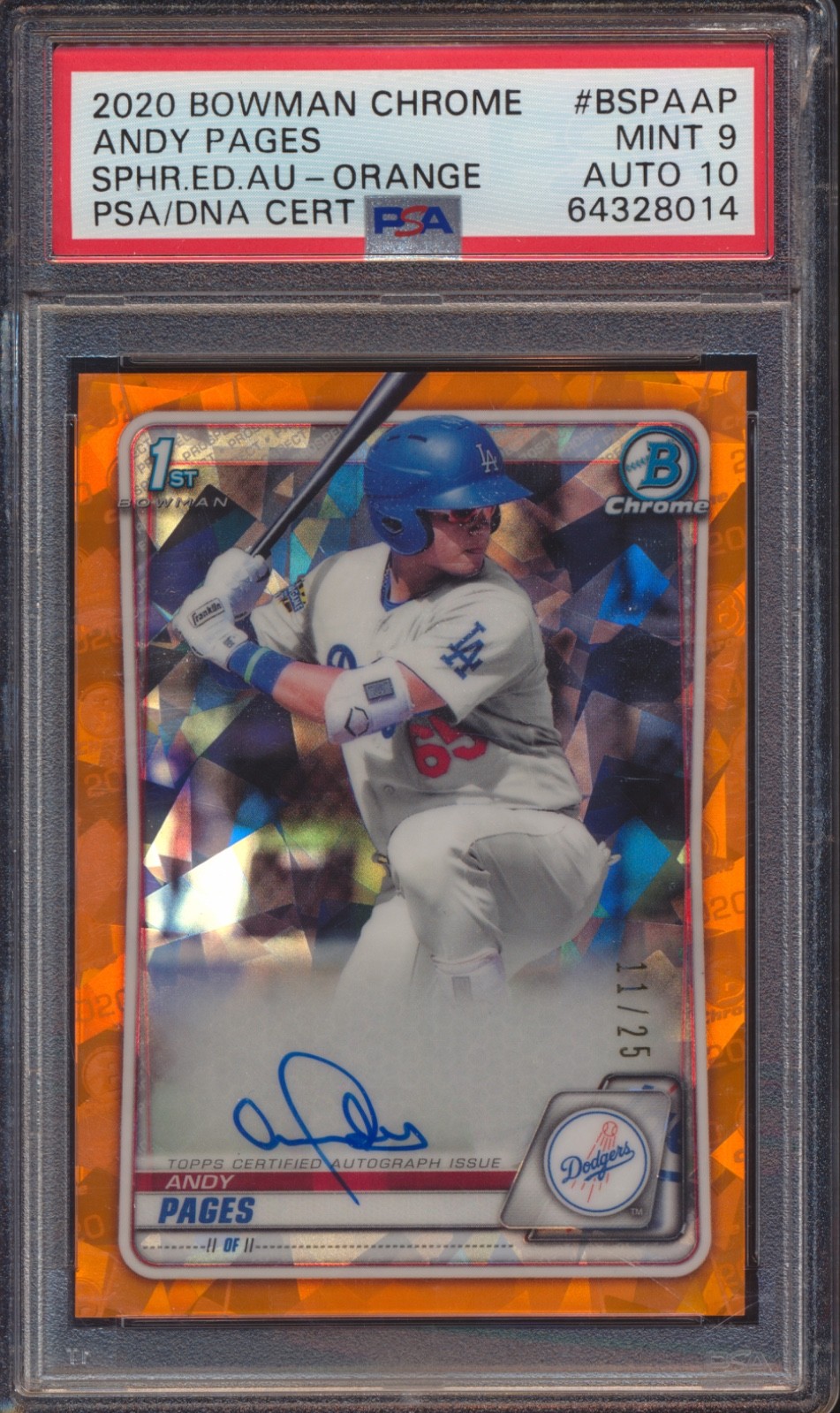 2020 BOWMAN SAPPHIRE ANDY PAGES ORANGE REFRACTOR AUTO AUTOGRAPH /25 PSA 9 / 10!