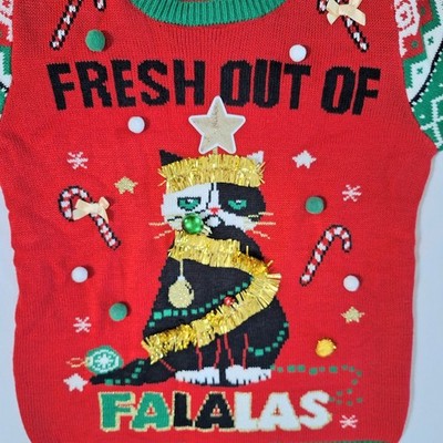 Ugly Christmas Sweater Large Juniors Grumpy Cat Fresh Out of FA La Las No Bound