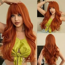 Long Wavy Auburn Wig with Bangs for Women  Natural Burnt Orange Synthetic Full