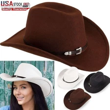 Men Women Wide Brim Fedora Western Cowboy Hat Casual Leather Belt Cowgirl Cap US