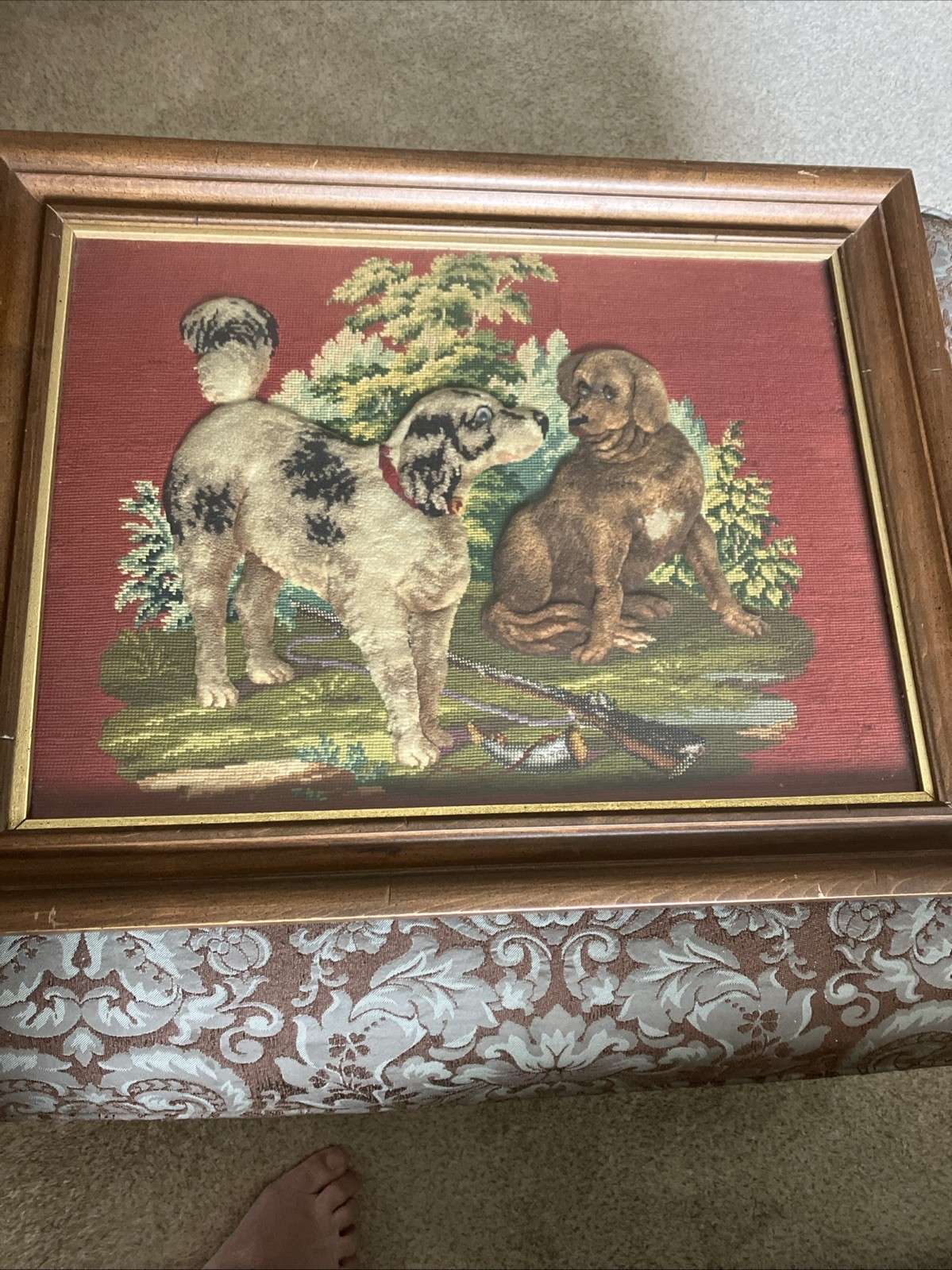 19TH Century   Framed Needlepoint Woolwork Plushwork Beadwork 2 Dogs Glass Eye
