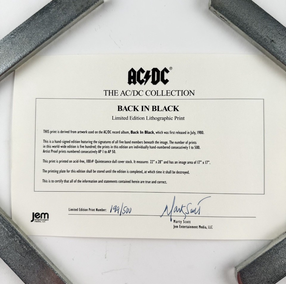 22x28 FRAMED SIGNED AC/DC FULL BAND (5) BACK IN BLACK LITHOGRAPH PRINT ...