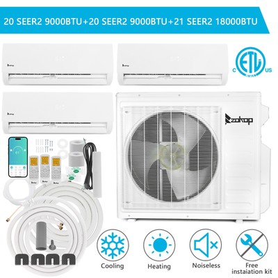 27000BTU Tri Zone Ductless Mini Split Air Conditioner (2x 9000BTU + 1x 18000BTU)