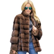 Luxury Women's Mink Fur Coat Mid Long Brown Thicken Warm Fur Long Sleeve Jacket