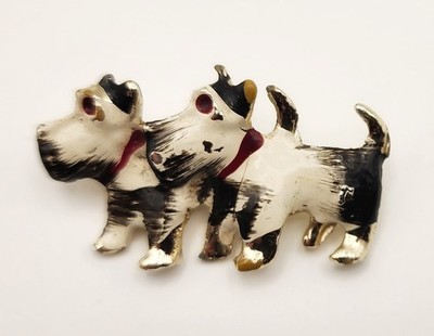 Vintage Scottie Dog Pin Brooch Enamel Black White Two Terriers 1940s Costume
