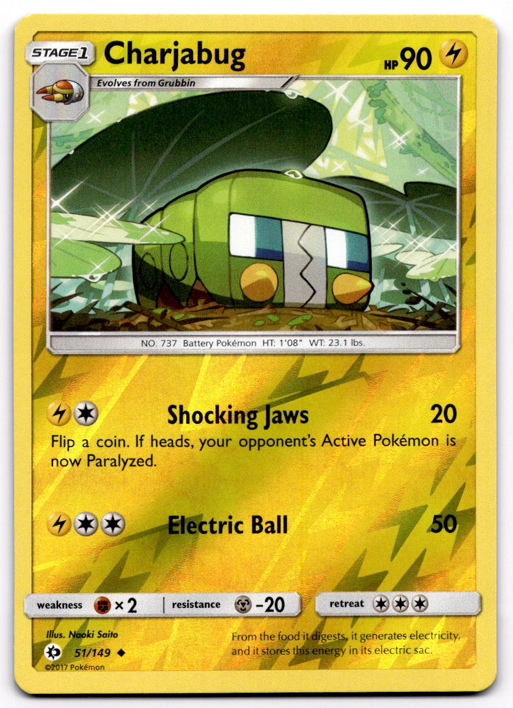 Charjabug 51/149 SM Sun & Moon Base Set Reverse Holo Uncommon Pokemon Card - NM