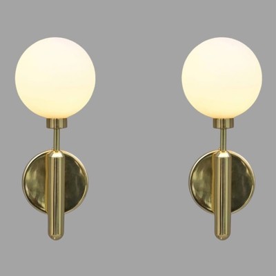 Elegant Brass Wall Modern Lamp Sconce Pair | Milky Glass Globe Lights | Handmade