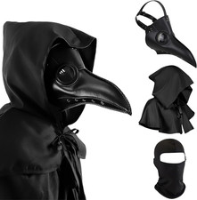 Plague Doctor Mask Steampunk Scary Halloween Costume 3Pc Set Black