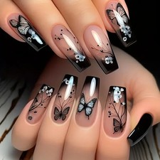 24pcs Ballet Press-On Nails, Medium Length, Glossy, Colorful Butterfly Design