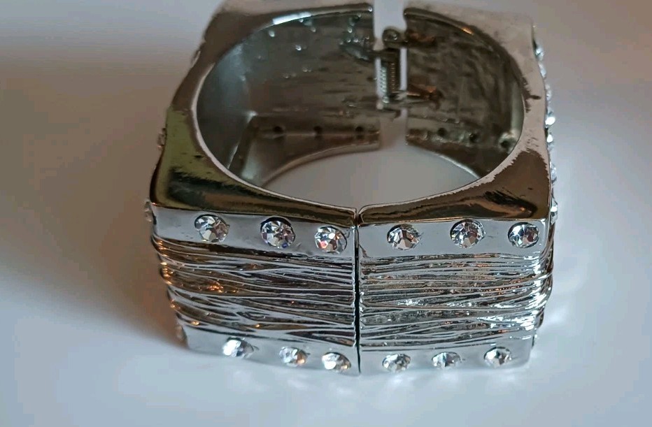 Square Hinged Silvertone Bracelet With Rhinestone… - image 2