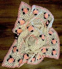 Vintage Handmade Crochet Afghan Throw Blanket White 3D Pink Roses Cottage Core