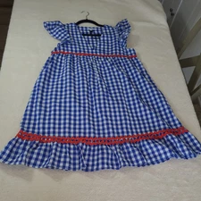 The Get, Women Blue Gingham Dress, Short Ruffle Sleeves, RicRac, Size S