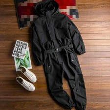 Mens Hooded Overall Jumpsuit Trousers Belt Casual Loose Workwear Pants New