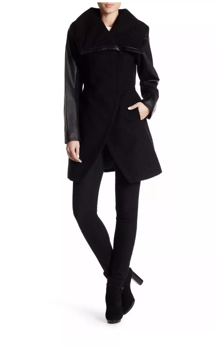 Betsey Johnson Women s Basket Weave Wool Coat with Pu Sleeve Large
