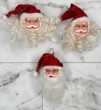 3 Vtg Santa Claus Head Rubber Face Christmas Ornaments Wire Glasses Beard