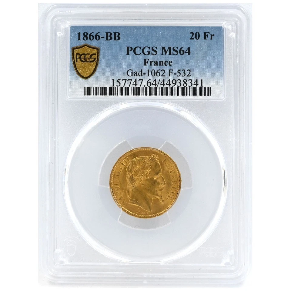 Moeda de ouro França 1866-BB Napoleão III 20 francos PCGS MS64 - Imagem 4 de 4
