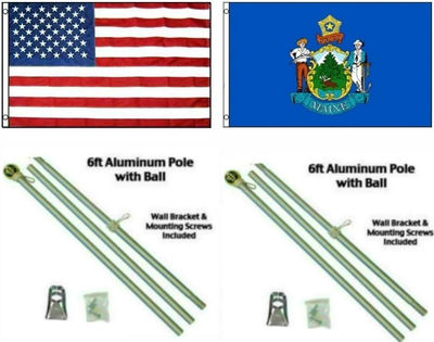 3x5 USA American & State of Maine Flag Aluminum Pole Kit Ball Top 3'x5'