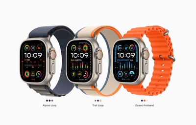 Apple Watch Ultra 2 49mm Titangehäuse mit Trail Loop - Blau/Schwarz, M/L (GPS +