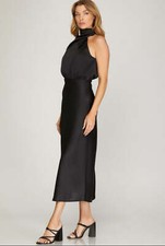 Bonjour Satin midi dress in black